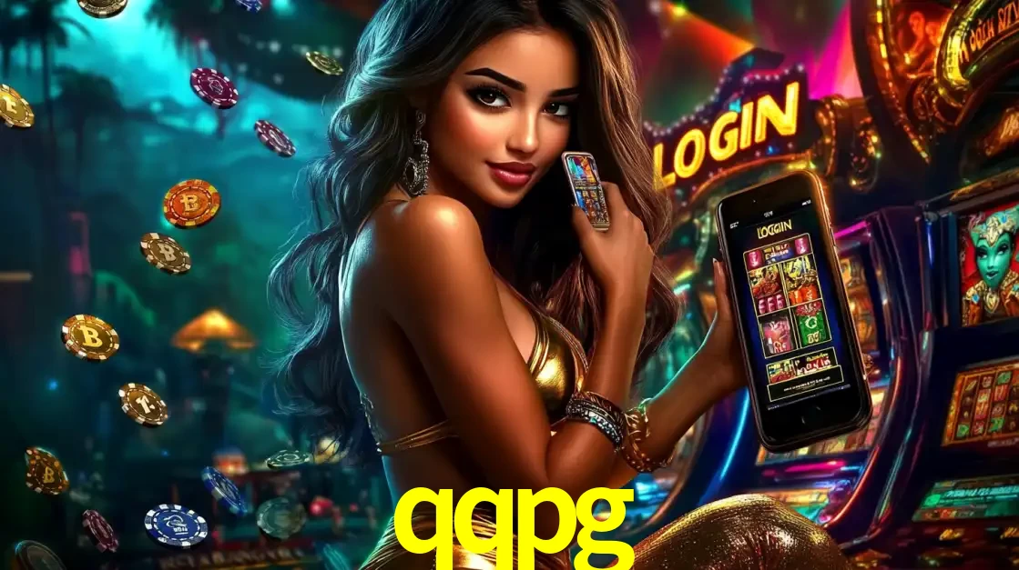 Mulher em um cenário de cassino temático de aventura, mostrando o app de caça-níqueis da qqpg no celular. Fichas de apostas flutuam ao redor.