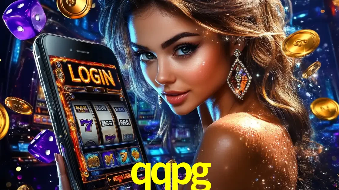 Mulher glamorosa segurando um smartphone com a tela de login para os jogos de caça-níqueis do cassino online qqpg, com moedas de ouro e dados ao redor.