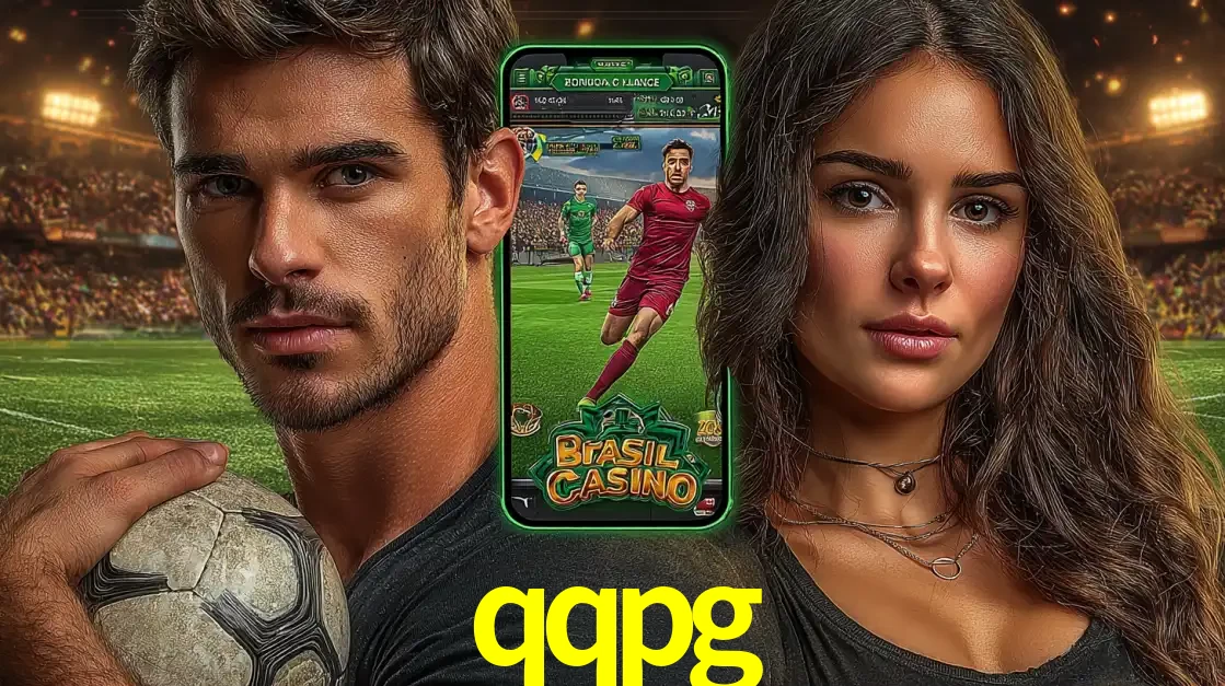 Homem segurando uma bola de futebol e uma mulher ao lado de um smartphone exibindo o jogo de apostas esportivas da qqpg. Faça seu palpite no cassino online.